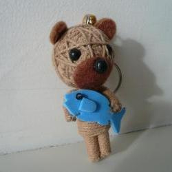 Cute String bear with fish miniature animal Christmas ornament doll key chain holder